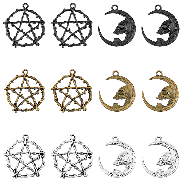 

PandaHall SUPERFINDINGS 30Pcs 6 Styles Alloy Pendants, Moon with Skull & Ring with Star Pattern, Mixed Color, 27~28x23.5~26x3~4mm, Hole...