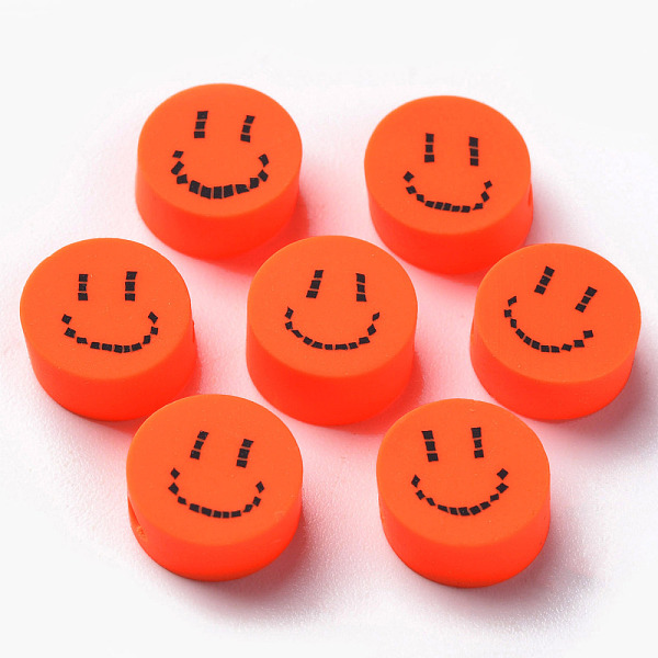 PandaHall Handmade Polymer Clay Beads, for DIY Jewelry Crafts Supplies, Flat Round with Smiling Face, Orange Red, 9x4~5mm, Hole: 1.6mm...