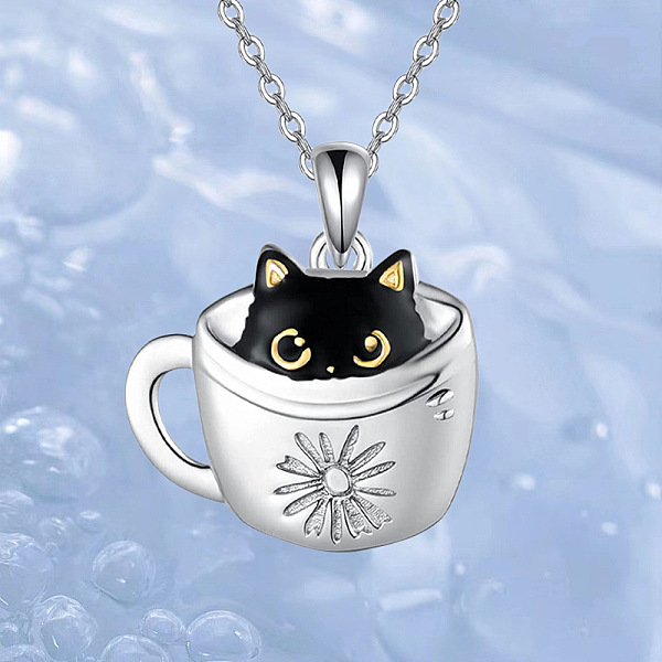 女性用カップ入り黒猫合金エナメルペンダントネックレス