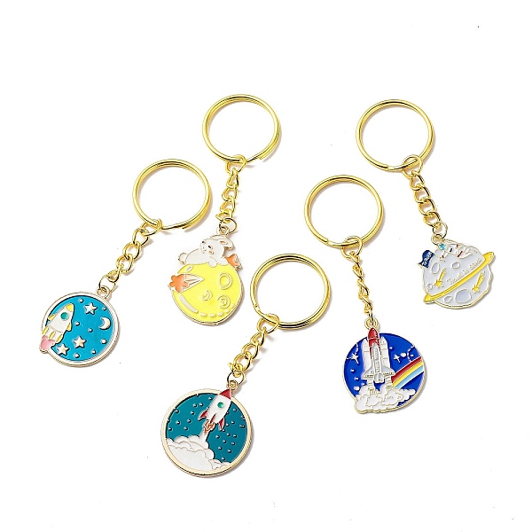 

PandaHall Space Theme Alloy Enamel Flat Round Pendant Keychain, with Iron Ring, Mixed Color, 7.85~8.6cm Alloy Spaceship Multicolor