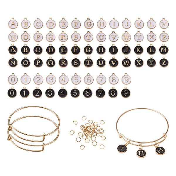 PandaHall DIY Bangle Making Kits, with Adjustable Brass Expandable Bangle Making and Alloy Enamel Charms, Flat Round with Alphabet/Number...