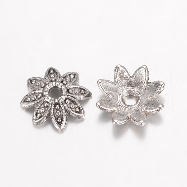 

PandaHall Tibetan Style Alloy Bead Caps, Multi-Petal Flower, Antique Silver, 7x1.5mm, Hole: 1mm Alloy