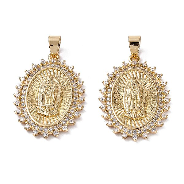 

PandaHall Brass Micro Pave Clear Cubic Zirconia Pendants, Long-Lasting Plated, Oval with Catholic, Real 18K Gold Plated, 32x22.5x3mm, Hole...