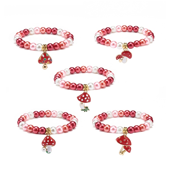

PandaHall Red Glass Pearl Beaded Stretch Bracelet with Alloy Enamel Mushroom Charm for Women, Mixed Patterns, Inner Diameter: 2-1/8 inch...