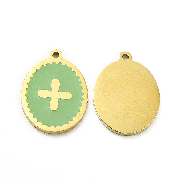 

PandaHall Ion Plating(IP) 304 Stainless Steel Pendant, with Enamel, Oval with Cross Charm, Dark Sea Green, 13x10x1mm, Hole: 0.9mm Stainless...