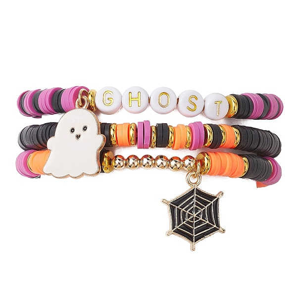 

PandaHall 3Pcs Halloween Theme Handmade Polymer Clay Beaded Stretch Bracelets, with Alloy Enamel Ghost Spider Web Pendants, Mixed Color..., Multicolor