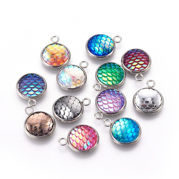 

PandaHall Resin Pendants, with 304 Stainless Steel Finding, Flat Round with Mermaid Fish Scale Shaped, Stainless Steel Color, Mixed Color..., Multicolor
