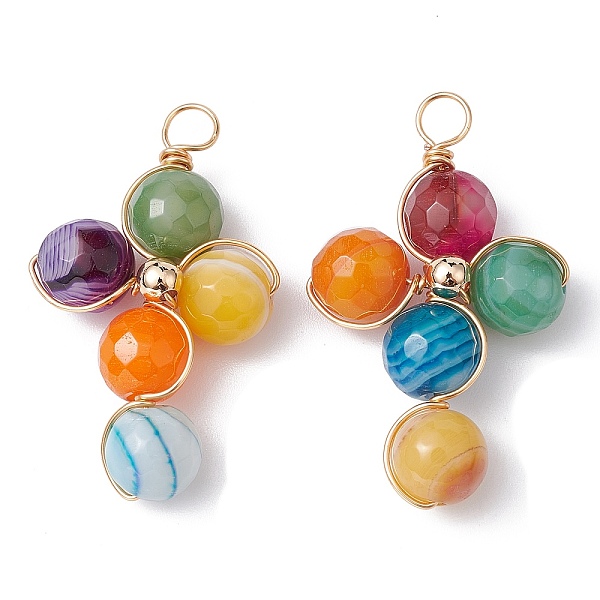 

PandaHall Natural Agate Dyed Faceted Round Pendants, Eco-Friendly Light Gold Plated Copper Wire Wrapped Cross Charms, Colorful, 35x22x9mm...