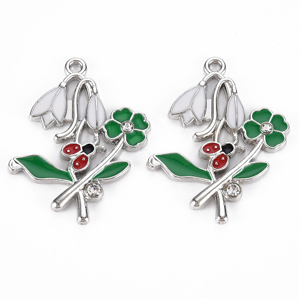 

PandaHall Alloy Pendants, with Enamel and Rhinestone, Platinum, Flower with ladybird, Creamy White, 34x27x3mm, Hole: 1.8mm Alloy...