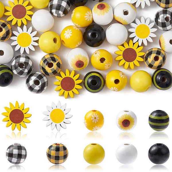 

PandaHall 50Pcs 10 Styles Sunflower Theme Printed Wood Beads, Dyed, Round & Flower, Mixed Color, 15~21.5x8~15mm, Hole: 3~5mm, 5pcs/style..., Multicolor