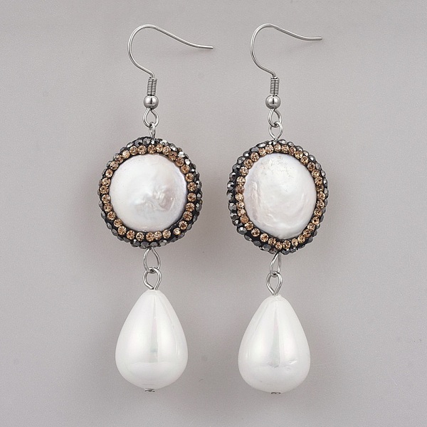 

PandaHall Alloy Dangle Earrings, with Shell Pearl, Polymer Clay Rhinestone and Stainless Steel Findings, teardrop, Stainless Steel Color..., White