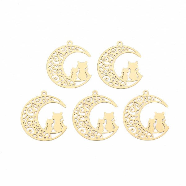 

PandaHall Rack Plating 201 Stainless Steel Filigree Pendants, Etched Metal Embellishments, Nickel Free, Cat on the Moon, Real 18K Gold...
