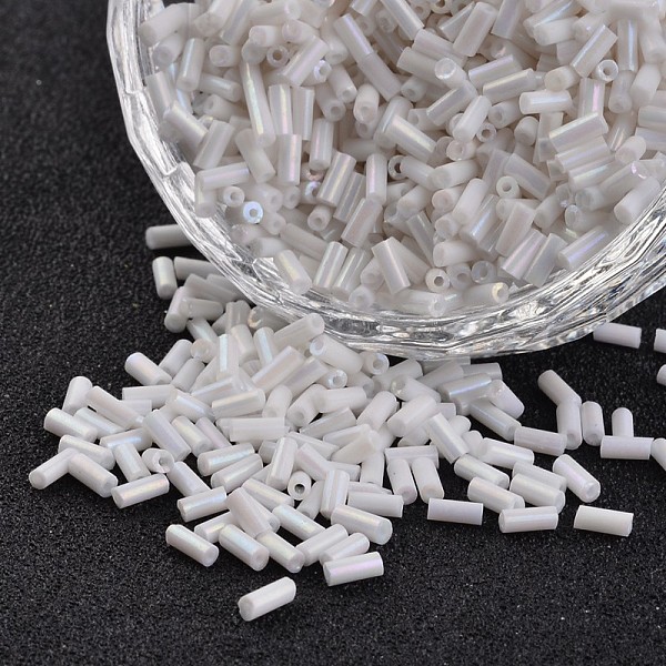 

PandaHall Tube Opaque Colours Rainbow Plated Round Hole Glass Bugle Beads, White, 3~5x1.8~2mm, Hole: 0.8mm, about 12000pcs/450g Glass White