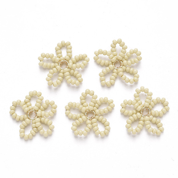 

PandaHall Glass Seed Beads Pendants, with Golden Tone Brass Findings, Flower, Lemon Chiffon, 19x18~19x2mm Brass+Glass Flower