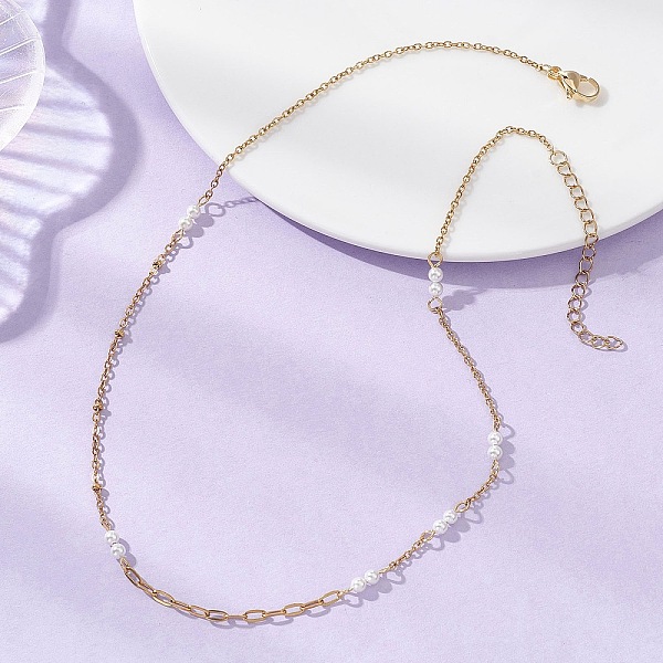 304 Stainless Steel with White Round Shell Pearl Handmade Link Chain Necklaces