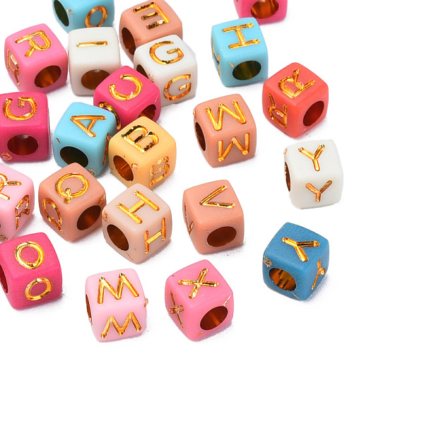 

PandaHall Plating Acrylic Beads, Golden Metal Enlaced, Horizontal Hole, Cube with Letter, Mixed Color, 6x6x6mm, Hole: 3.5mm, about..., Multicolor