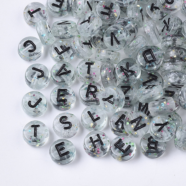 

PandaHall Transparent Acrylic Beads, Horizontal Hole, with Glitter Powder, Mixed Letters, Flat Round, Clear, Mixed, 7x4mm, Hole: 1.5mm...
