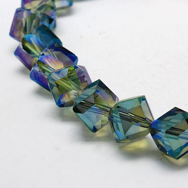 

PandaHall Full Rainbow Plated Crystal Glass Cube Beads Strands, Faceted, Dark Green, 12.6x13.8x10~11mm, Hole: 1.8mm Glass Cube Green
