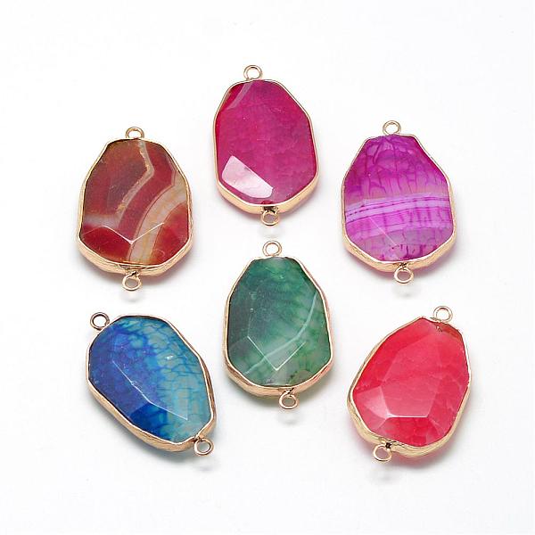 

PandaHall Natural Crackle Agate Links connectors, with Brass Findings, Dyed, Faceted, Golden, Mixed Color, 39~40x23~24x8~9mm, Hole: 2mm..., Multicolor