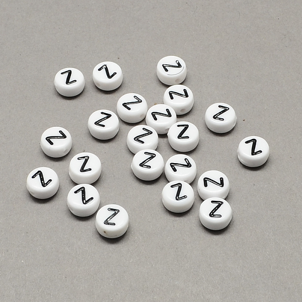 

PandaHall White and Black Acrylic Horizontal Hole Letter Beads, Flat Round with Letter.Z, 7x4mm, Hole: 1.3mm Acrylic Flat Round Black