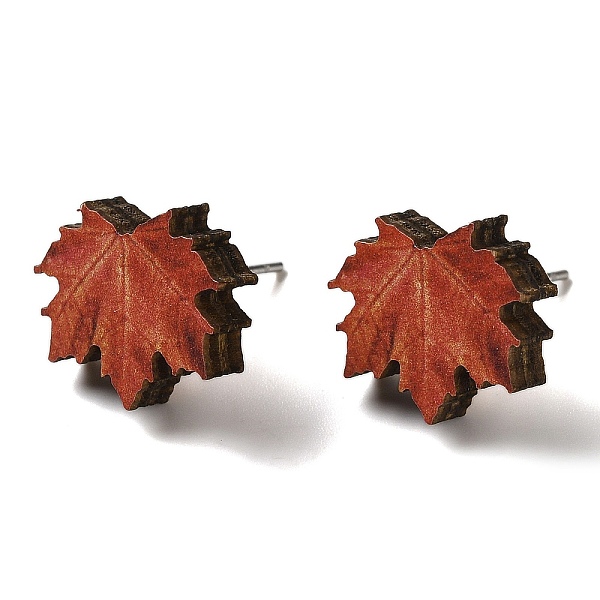 

PandaHall Wood Stud Earrings, with 316 Surgical Stainless Steel Pin, Thanksgiving Theme, Silver, Sienna, Leaf, 13x15mm Wood Leaf Brown