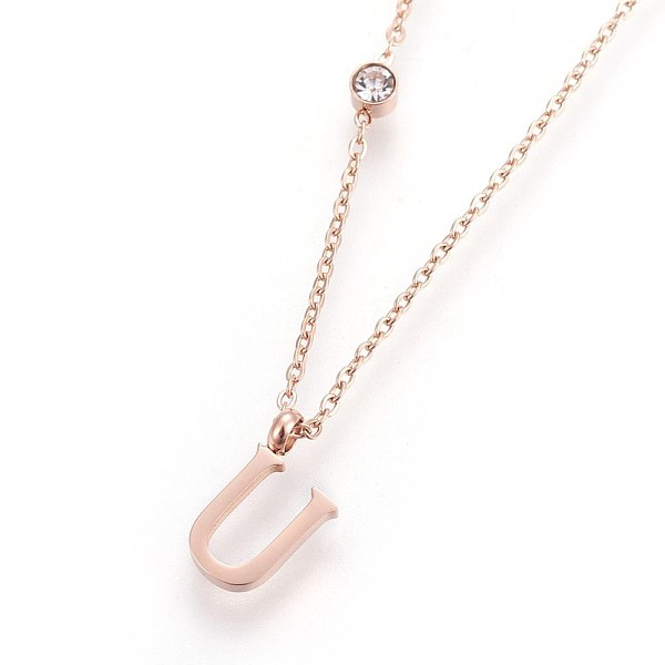 

PandaHall (Jewelry Parties Factory Sale)304 Stainless Steel Initial Pendant Necklaces, with Glass Rhinestone, Crystal, Rose Gold, Letter.U..., Clear