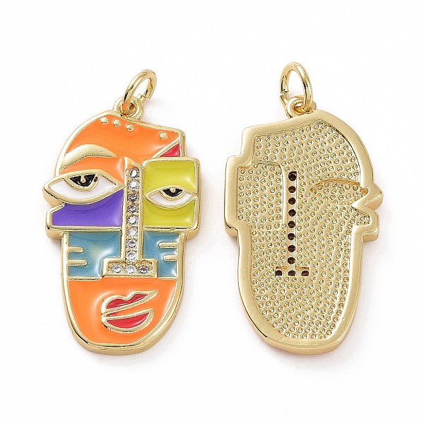 

PandaHall Brass Micro Pave Clear Cubic Zirconia Pendants, Real 18K Gold Plated, with Enamel and Jump Ring, Abstract Face Charms, Orange...