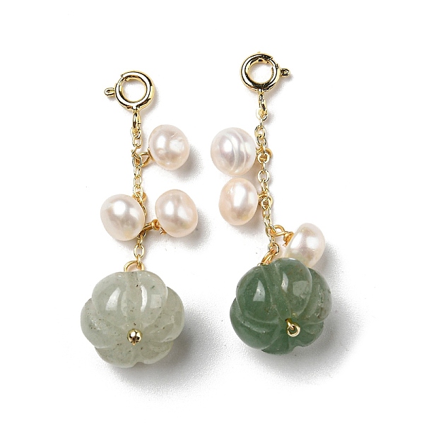 

PandaHall Natural Green Aventurine Pumpkin Pendant Decorations, Natural Freshwater Pearls Ornament with Brass Spring Ring Clasps, Real 14K...
