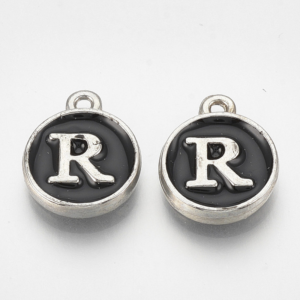 

PandaHall Alloy Enamel Charms, Flat Round with Letter, Platinum, Black, Letter.R, 14x11.5x2.5mm, Hole: 1mm Brass+Enamel Letter R Black