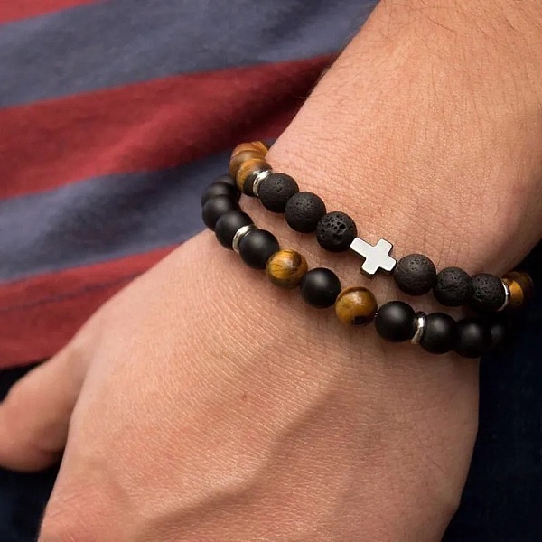 

PandaHall 2Pcs 2 Style 8mm Round Natural Lava Rock & Frosted Black Agate & Tiger Eye Stretch Bracelets Set, Cross Stackable Bracelets for..., Multicolor