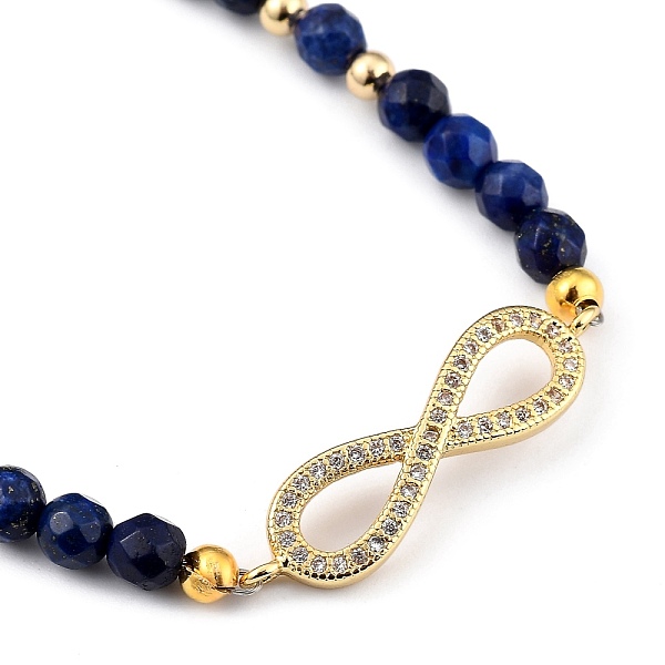 

PandaHall Infinity Brass Micro Pave Cubic Zirconia Link Bracelets, with Natural Lapis Lazuli Beads and Brass Spring Ring Clasps, Golden...