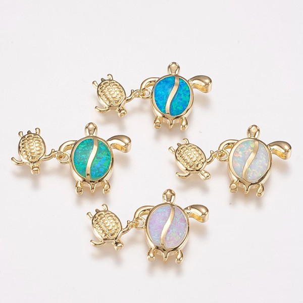 

PandaHall Brass Pendants, with Synthetic Opal, Turtle, Golden, Mixed Color, 10~15.5x10.5~14.5x2~2.5mm, Hole: 1.5x2.5mm Brass Tortoise..., Multicolor