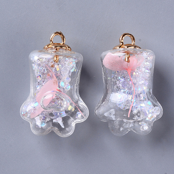 

PandaHall Bear Paw Transparent Glass Pendants, with Dried Flower & Resin Rhinestones inside, Plastic CCB Cup Pearl Peg Bails Pin Pendants..., Pink
