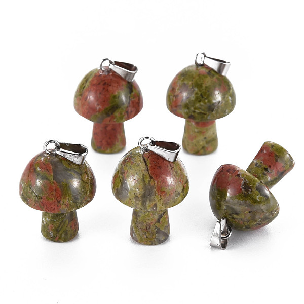 

PandaHall Natural Unakite Pendants, with Stainless Steel Snap On Bails, Mushroom Shaped, 24~25x16mm, Hole: 5x3mm Unakite Mushroom
