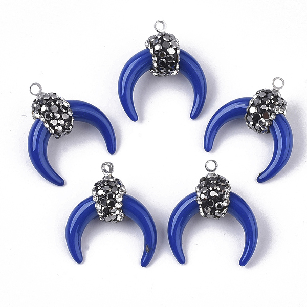 

PandaHall Resin Pendants, with Alloy Loop and Polymer Clay Rhinestone, Crescent/Double Horn, Platinum, Blue, PP13(1.9~2mm)...