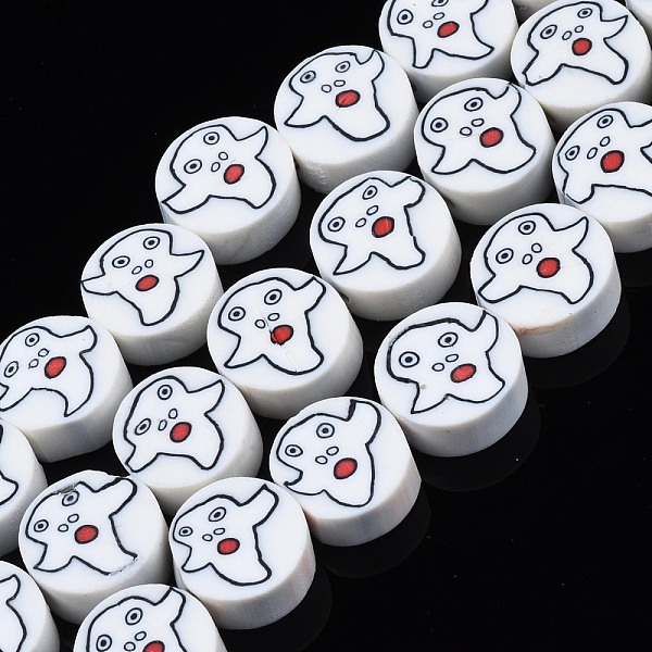 

PandaHall Handmade Polymer Clay Bead Strands, Halloween Style, Flat Round with Ghost, White, 8~10x4mm, Hole: 1mm, about 40pcs/strand, 14.76...