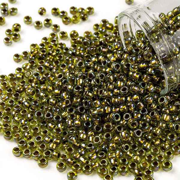 

PandaHall TOHO Round Seed Beads, Japanese Seed Beads, (996) Gilt Lined AB Peridot, 8/0, 3mm, Hole: 1mm, about 1110pcs/50g Glass Green