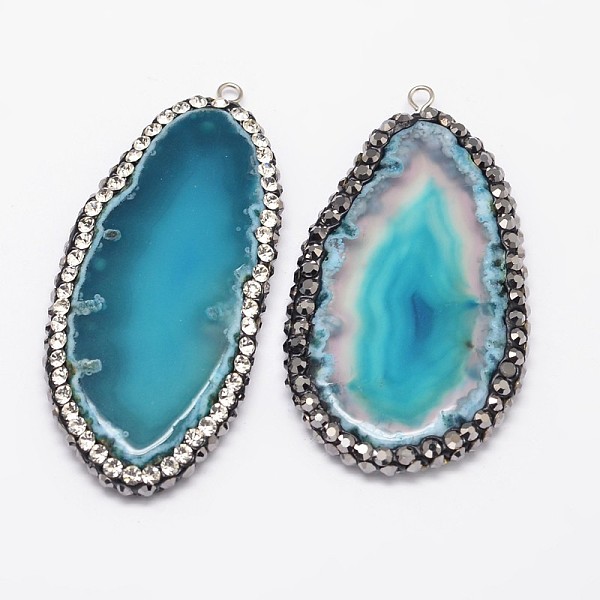 

PandaHall Nuggets Natural Agate Big Pendants, with Platinum Plated Brass Findings and Rhinestones, Dyed, Sky Blue, 50~95x25~60x4~8mm, Hole...