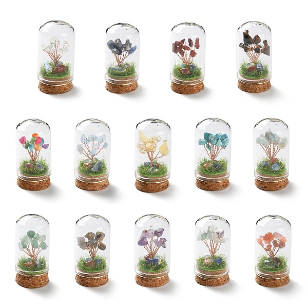 Natural Mixed Gemstone Chips Money Tree in Dome Glass Bell Jars with Wood Base Display Decorations, for Home Office Decor Good Luck, 58.5x30mm