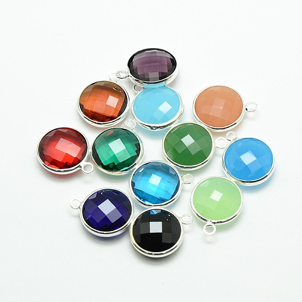 

PandaHall Silver Color Plated Brass Glass Pendants, Flat Round, Mixed Color, 14x11x5mm, Hole: 2mm Brass+Glass Flat Round Multicolor