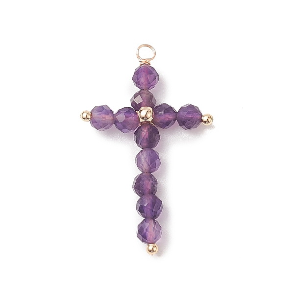 

PandaHall Natural Amethyst Faceted Round Copper Wire Wrapped Pendants, Cross Charms, Light Gold, 38x23x5mm, Hole: 2.5mm Amethyst Cross