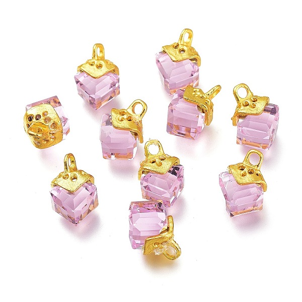 

PandaHall Transparent Glass Pendants, with Golden Tone Alloy Findings, Rhombus, Pink, 15x9.5x11.5mm, Hole: 2mm Alloy+Glass Rhombus Pink
