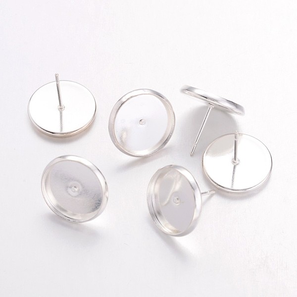 PandaHall Brass Ear Studs Settings, Cadmium Free & Lead Free, Silver, Tray: 12mm, 12mm, Pin: 0.7mm Brass Others