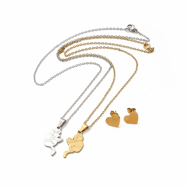 

PandaHall Heart with Boy & Girl Couple Pendant Necklaces & Stud Earrings, Vacuum Plating 304 Stainless Steel Word Love Jewelry Set for...