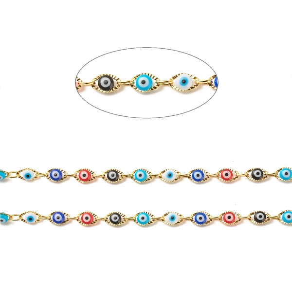 

PandaHall Brass Oval Link Chains, with Glass Evil Eye Beaded, Long-Lasting Plated, Soldered, with Spool, Golden, Colorful, 10x6x3.5mm...