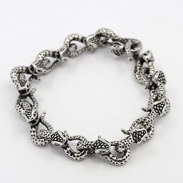 

PandaHall Fashionable Retro Jewelry 304 Stainless Steel Snake Bracelets for Men, with Clasps, Antique Silver, 9 inch(230mm): 9x10mm 304...