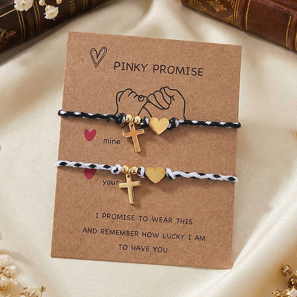 Adjustable Stainless Steel Religion Cross Heart Charm Friendship Braided Cord Bracelet Sets