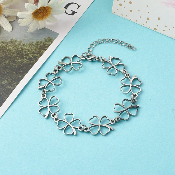 

PandaHall 304 Stainless Steel Links Bracelets, Clover, Stainless Steel Color, 7 inch(17.8cm) 304 Stainless Steel
