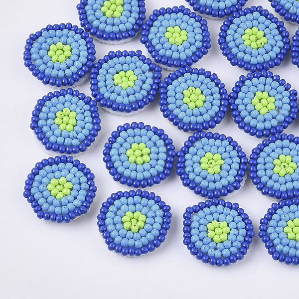 

PandaHall Glass Seed Beads Cabochons, Cluster Beads, with Non-Woven Fabric, Flat Round, Light Sky Blue, 17~18x3.5~4mm Glass Flat Round Blue