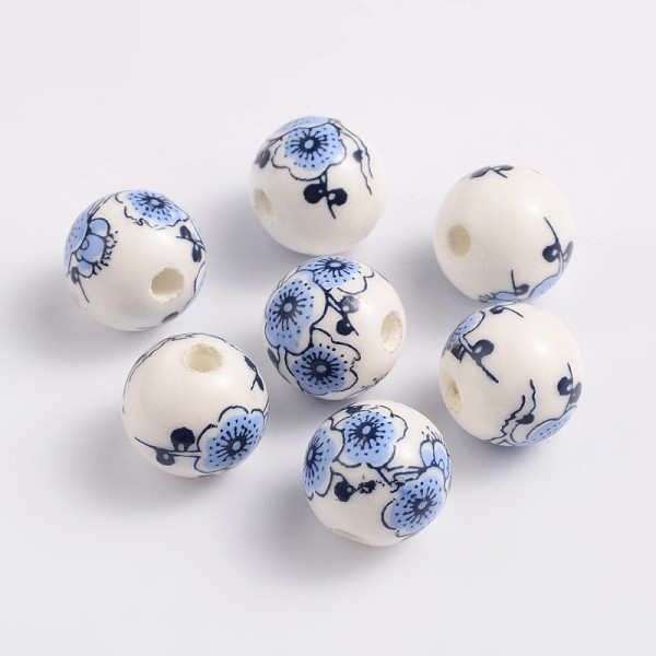 PandaHall Handmade Printed Porcelain Beads, Round, Blue, 12mm, Hole: 3mm Porcelain Round Blue